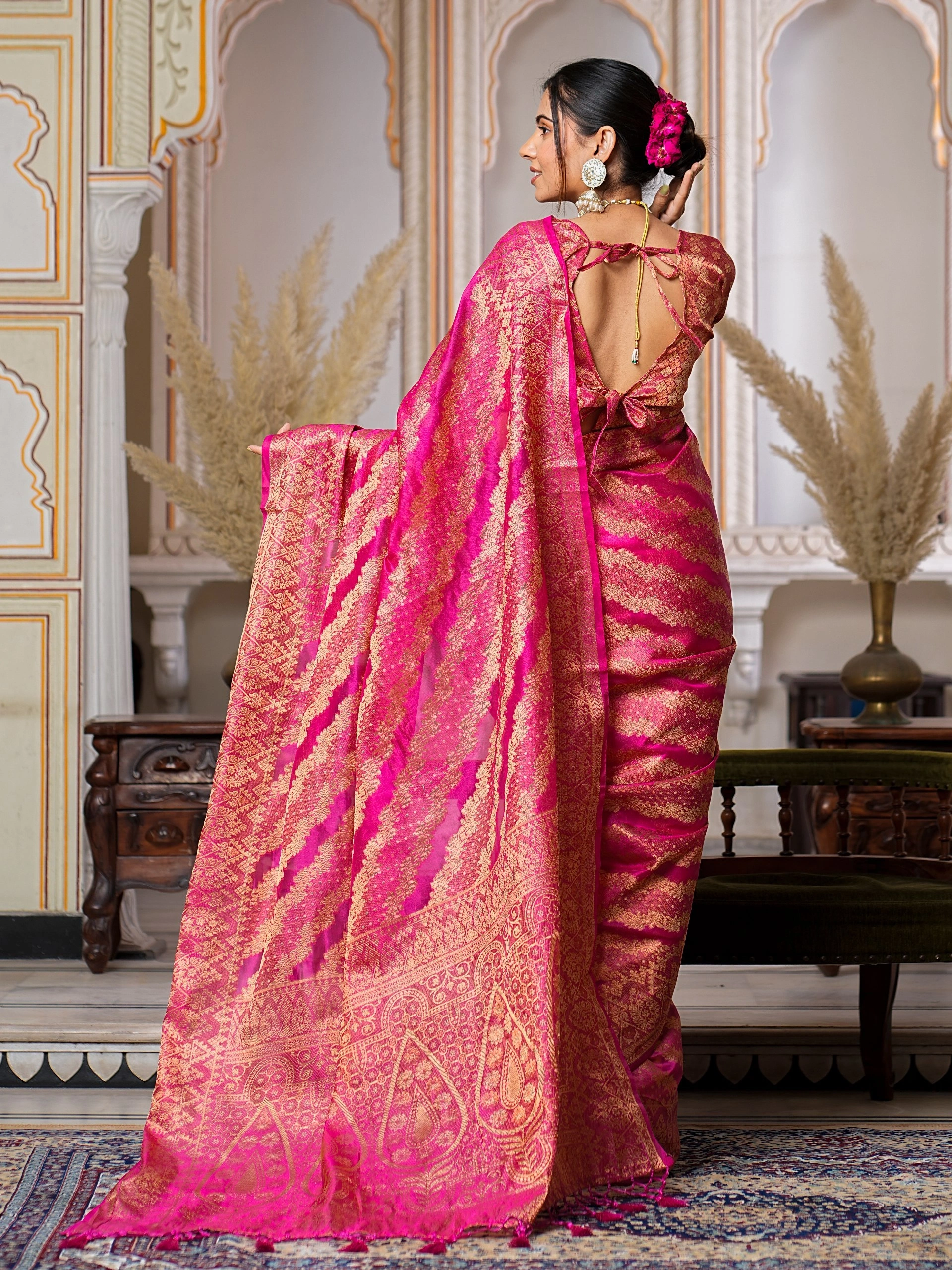 Regal Charm Pure Organza Saree with Enchanting Tassels-Pink-5