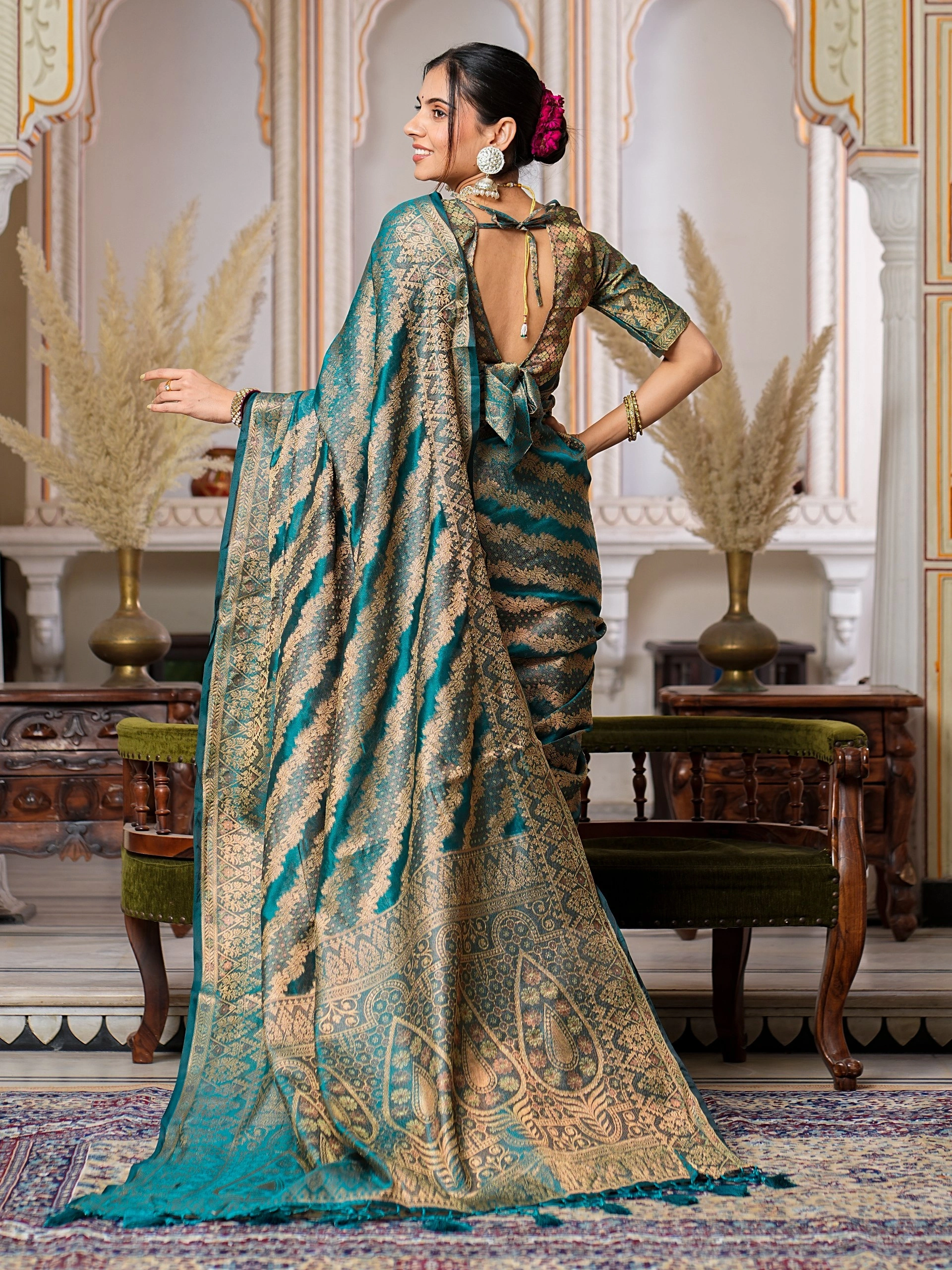 Regal Charm Pure Organza Saree with Enchanting Tassels-Rama-5