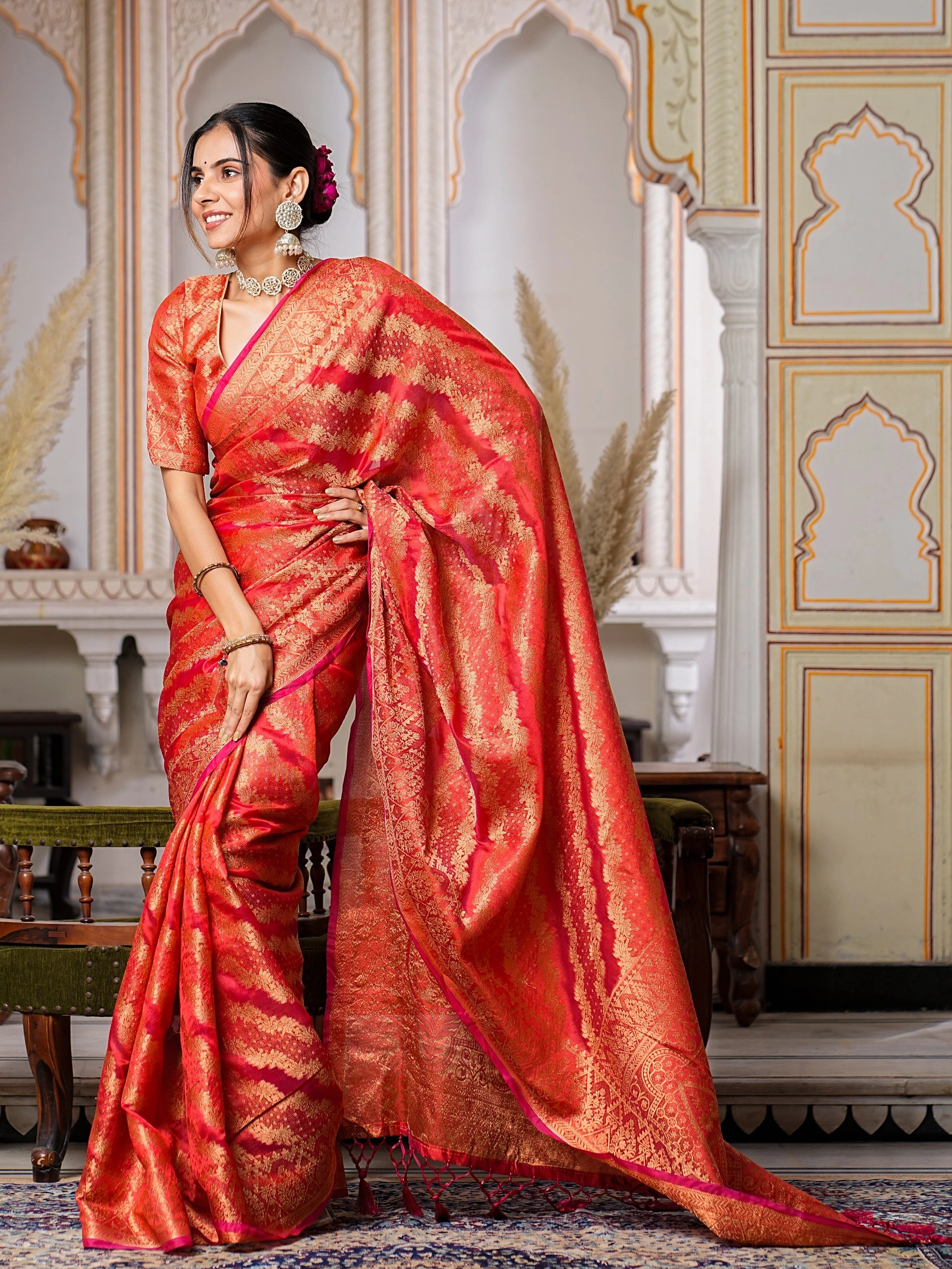 Regal Charm Pure Organza Saree with Enchanting Tassels-Red-1