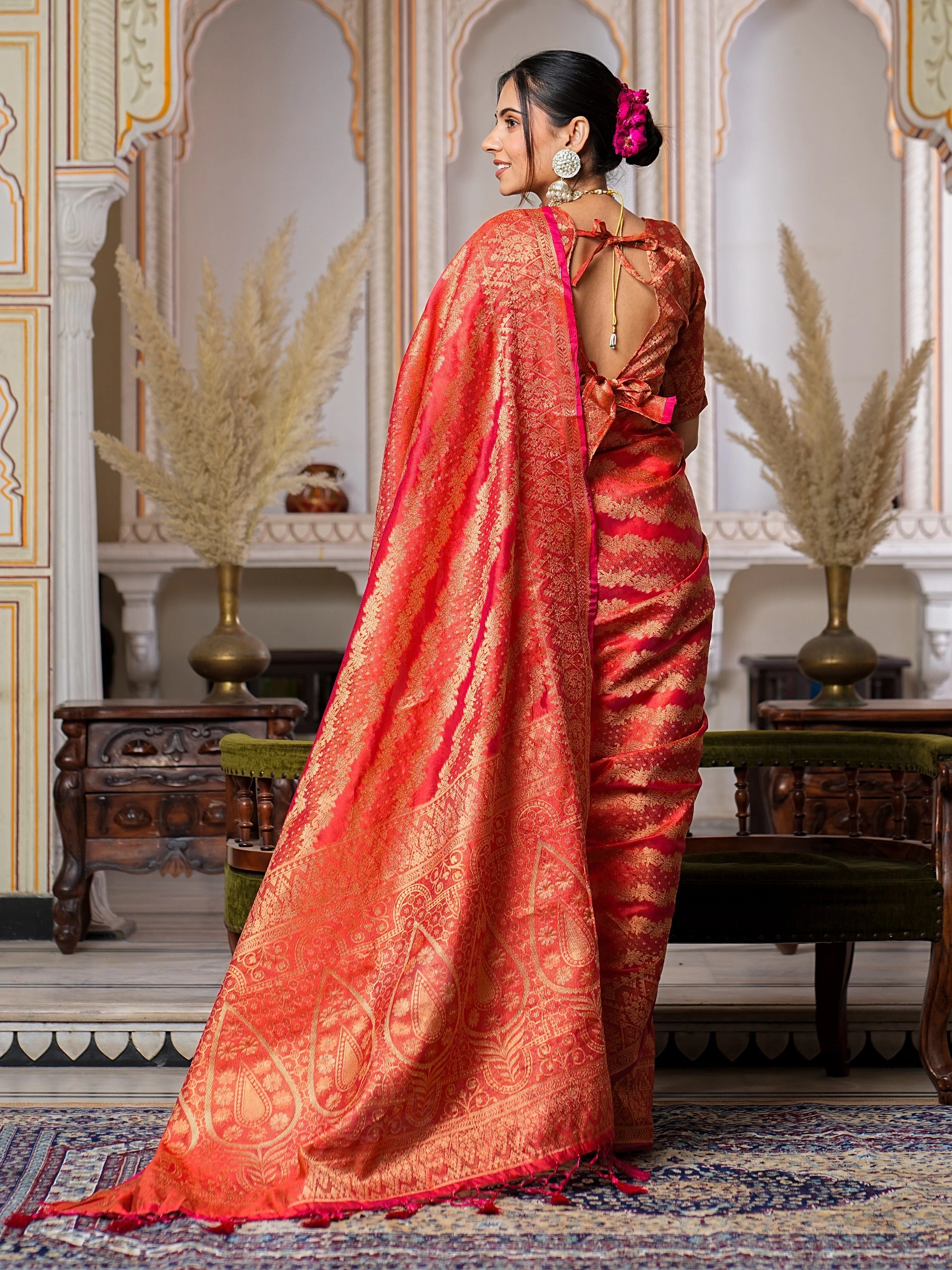 Regal Charm Pure Organza Saree with Enchanting Tassels-Red-5