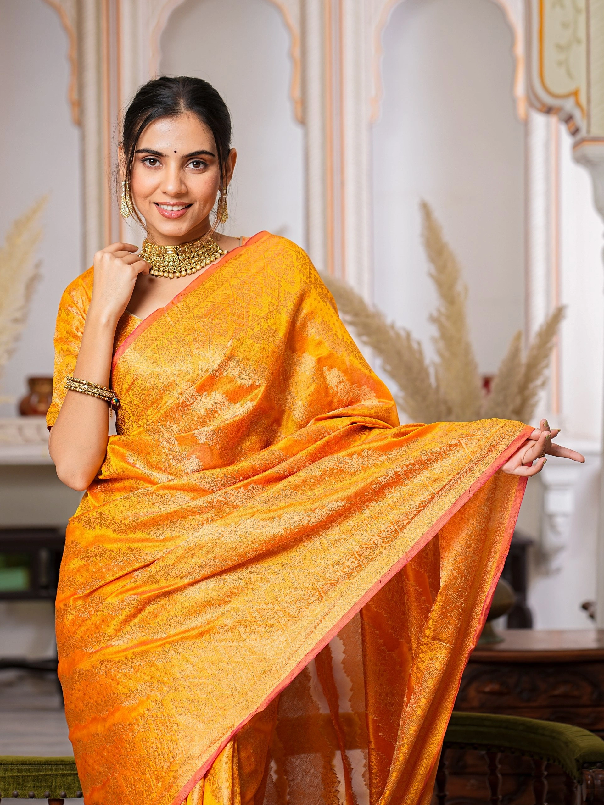 Regal Charm Pure Organza Saree with Enchanting Tassels-Yellow-3