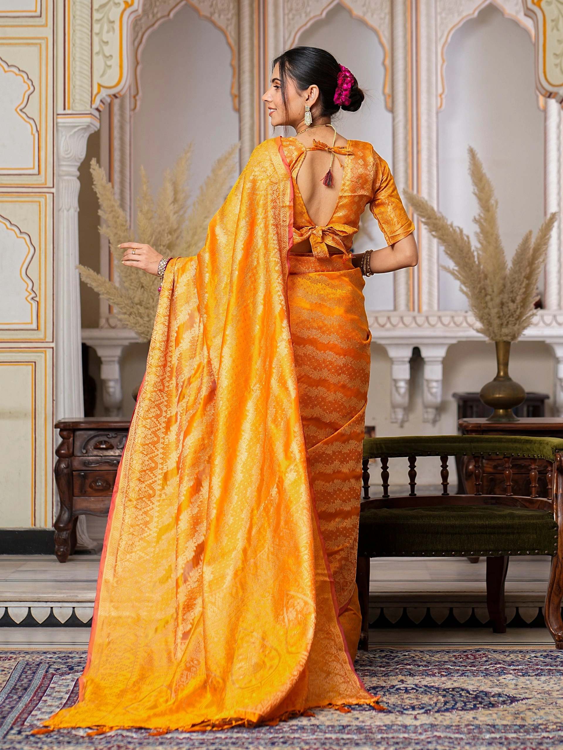 Regal Charm Pure Organza Saree with Enchanting Tassels-Yellow-5