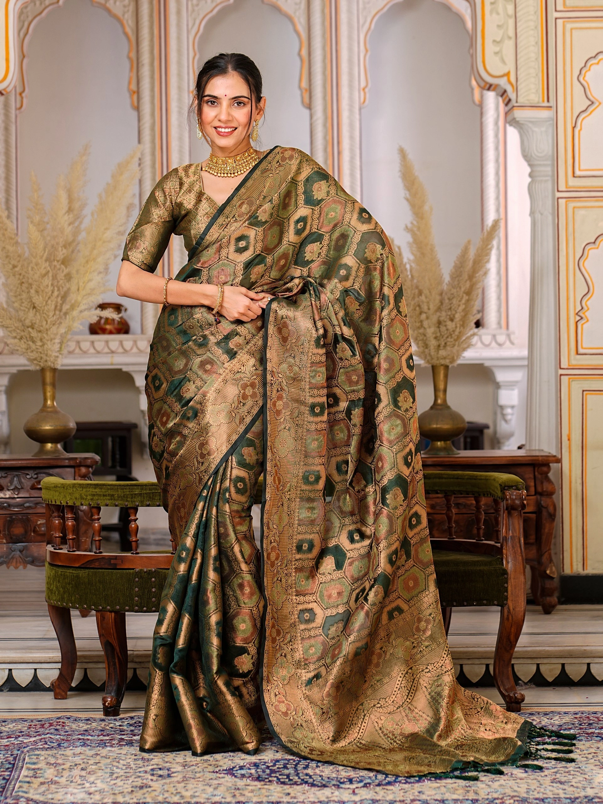 Regal Charm: Pure Organza Saree with Enchanting Tassels and Intricate Brocade-RAL-1003-Grey