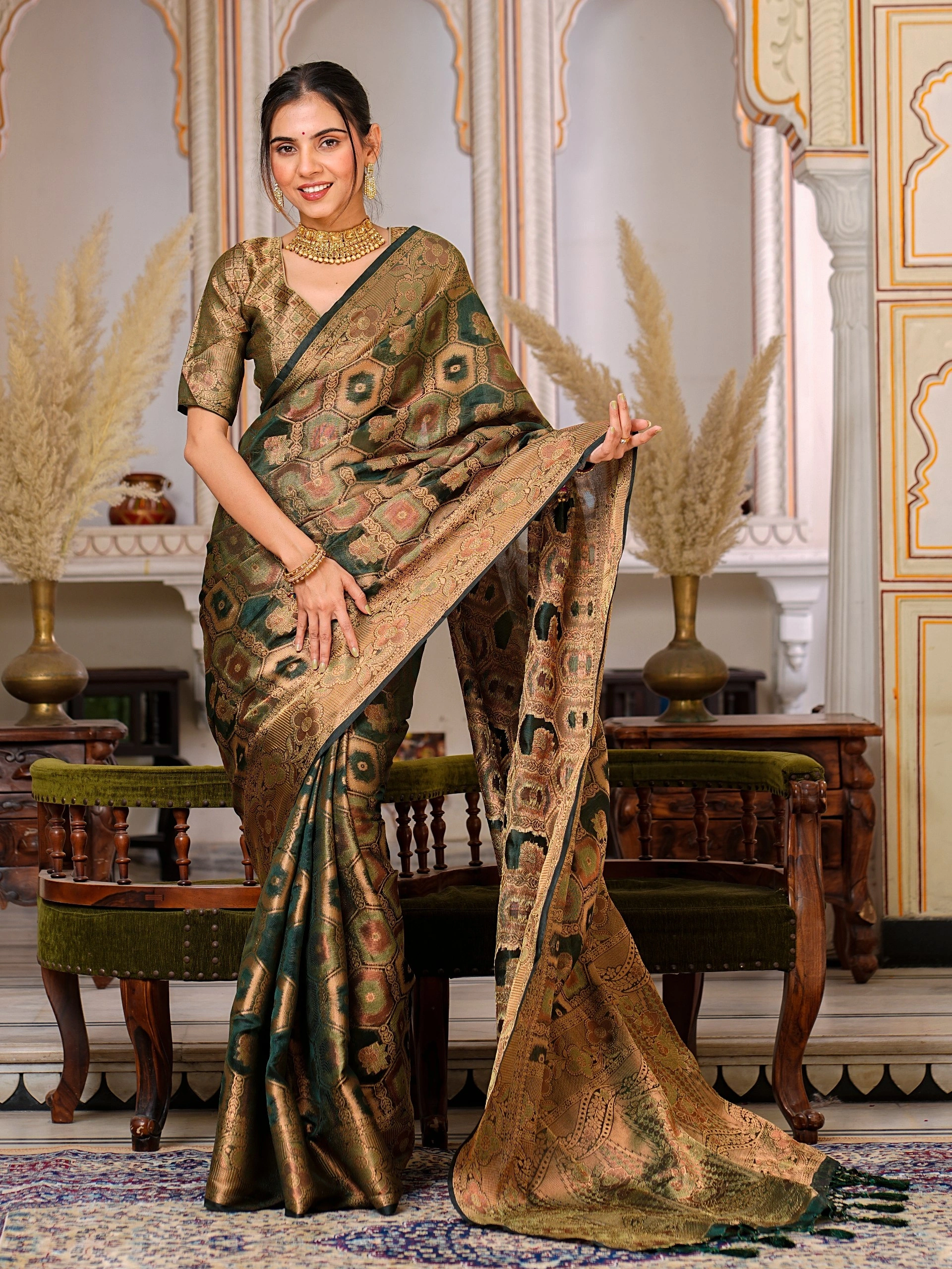 Regal Charm: Pure Organza Saree with Enchanting Tassels and Intricate Brocade-Grey-1