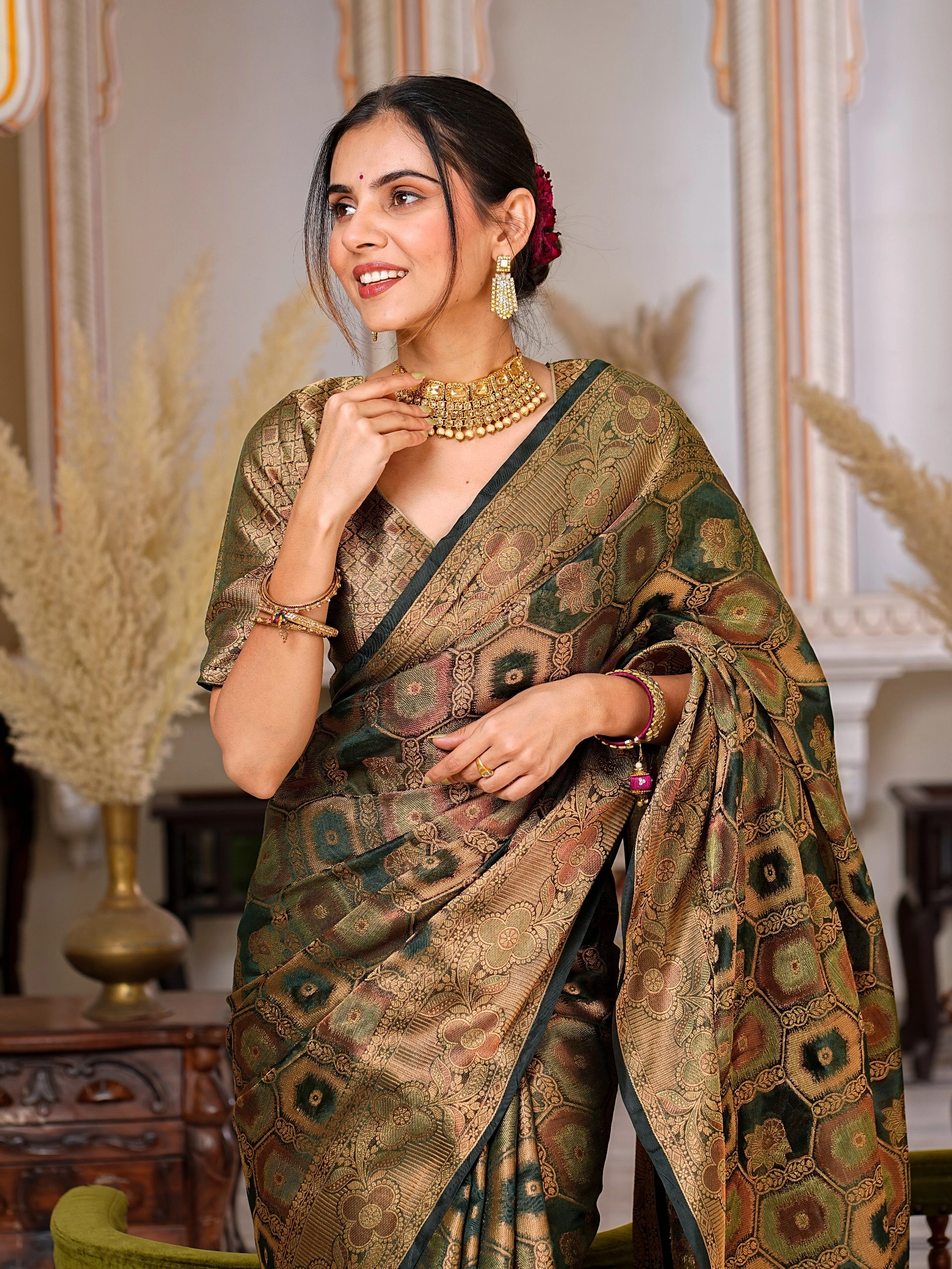 Regal Charm: Pure Organza Saree with Enchanting Tassels and Intricate Brocade-Grey-3