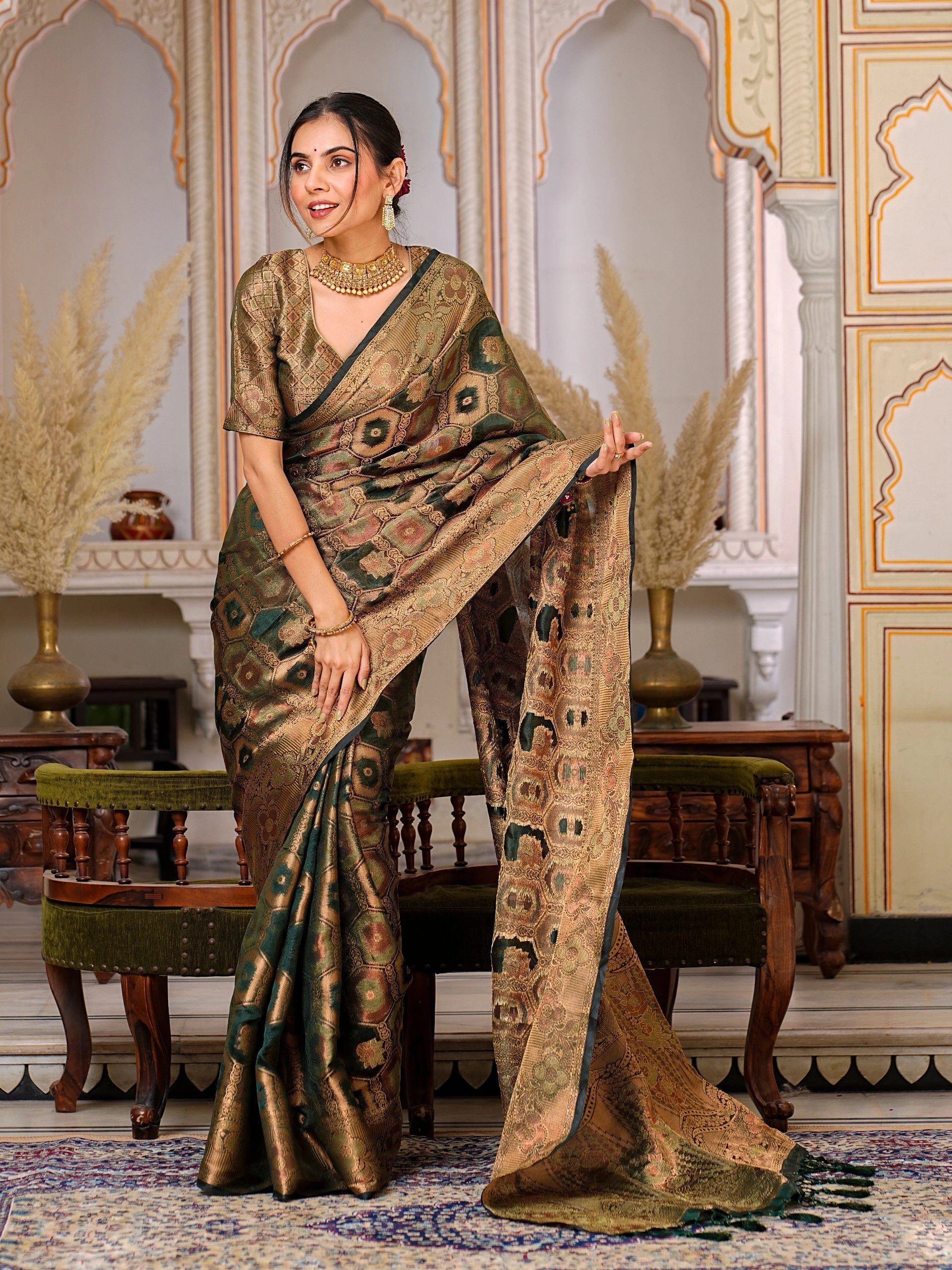 Regal Charm: Pure Organza Saree with Enchanting Tassels and Intricate Brocade-Grey-4