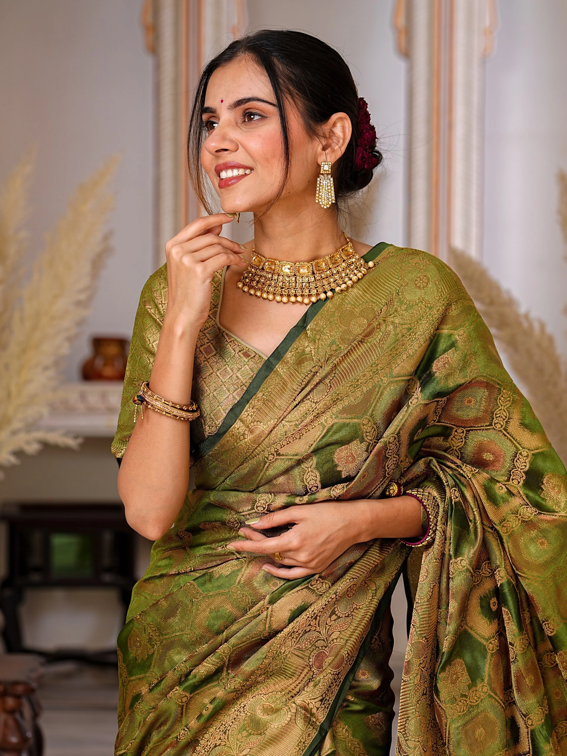 Regal Charm: Pure Organza Saree with Enchanting Tassels and Intricate Brocade-Green-1