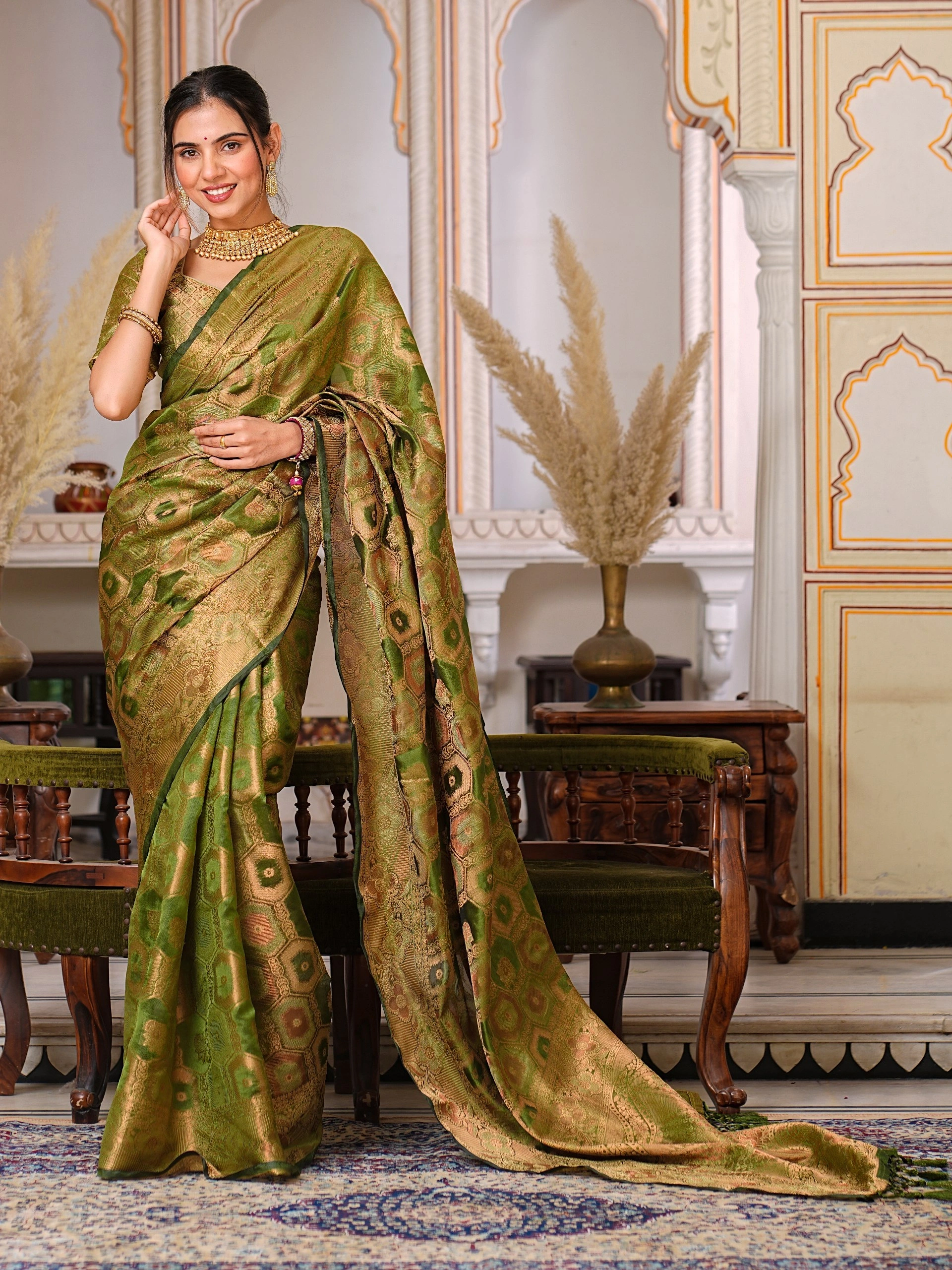 Regal Charm: Pure Organza Saree with Enchanting Tassels and Intricate Brocade-Green-2