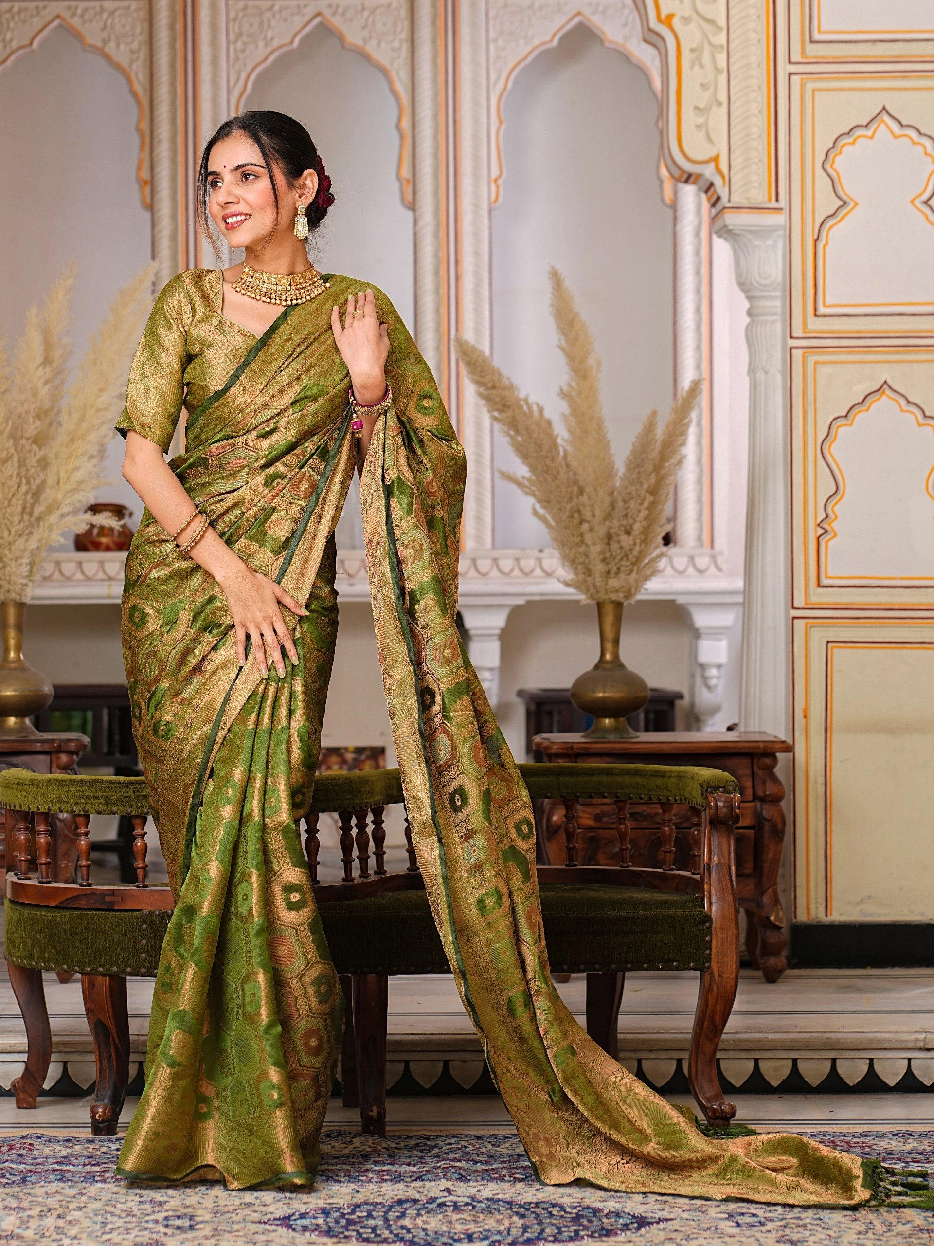 Regal Charm: Pure Organza Saree with Enchanting Tassels and Intricate Brocade-Green-3