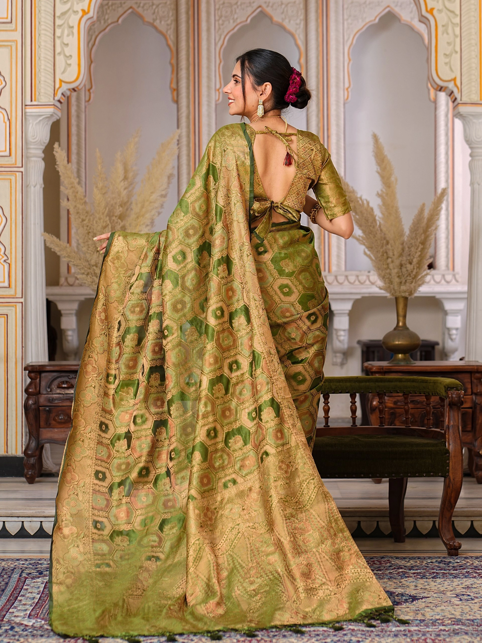 Regal Charm: Pure Organza Saree with Enchanting Tassels and Intricate Brocade-Green-5