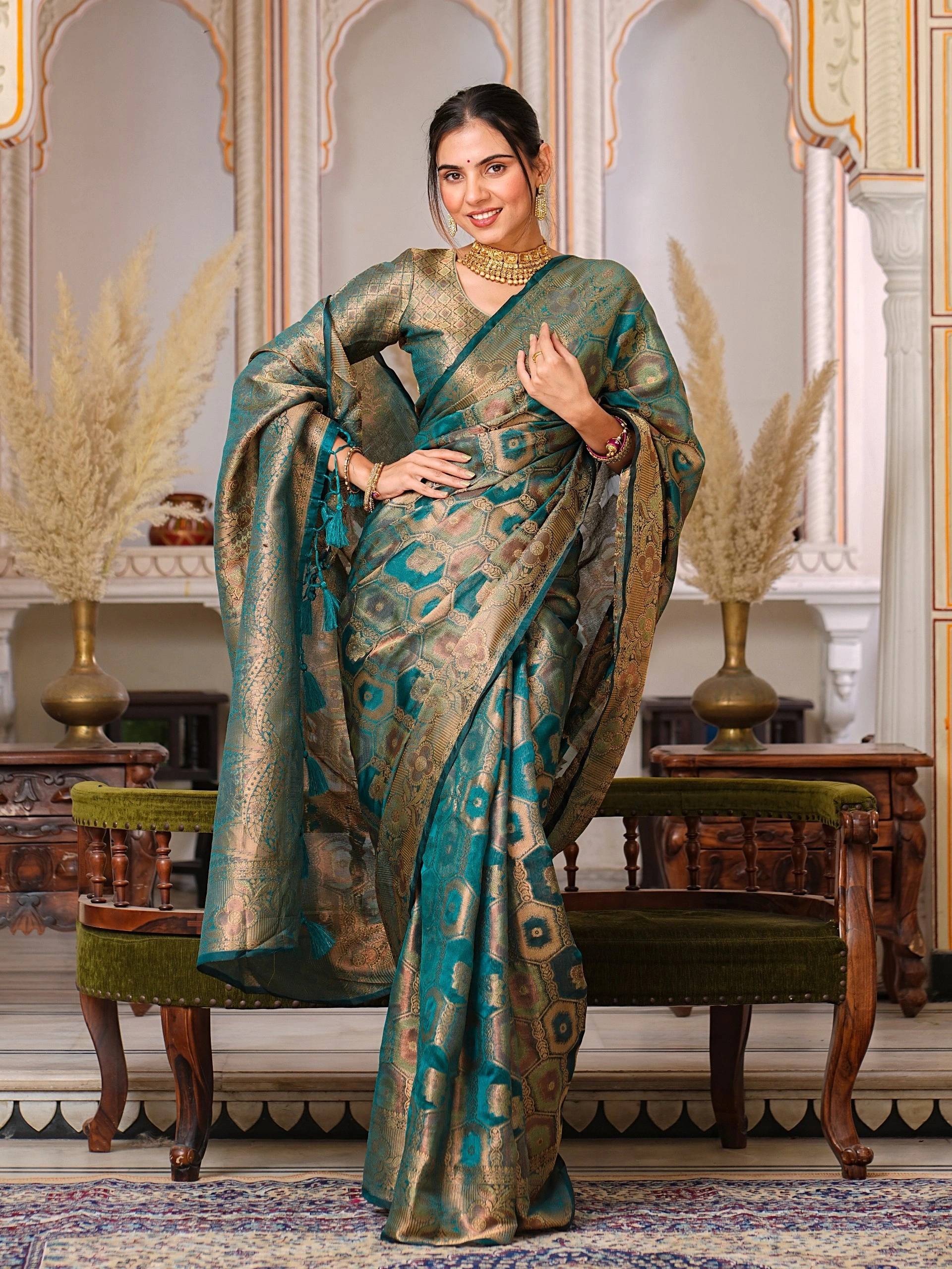 Regal Charm: Pure Organza Saree with Enchanting Tassels and Intricate Brocade-RAL-1003-Rama