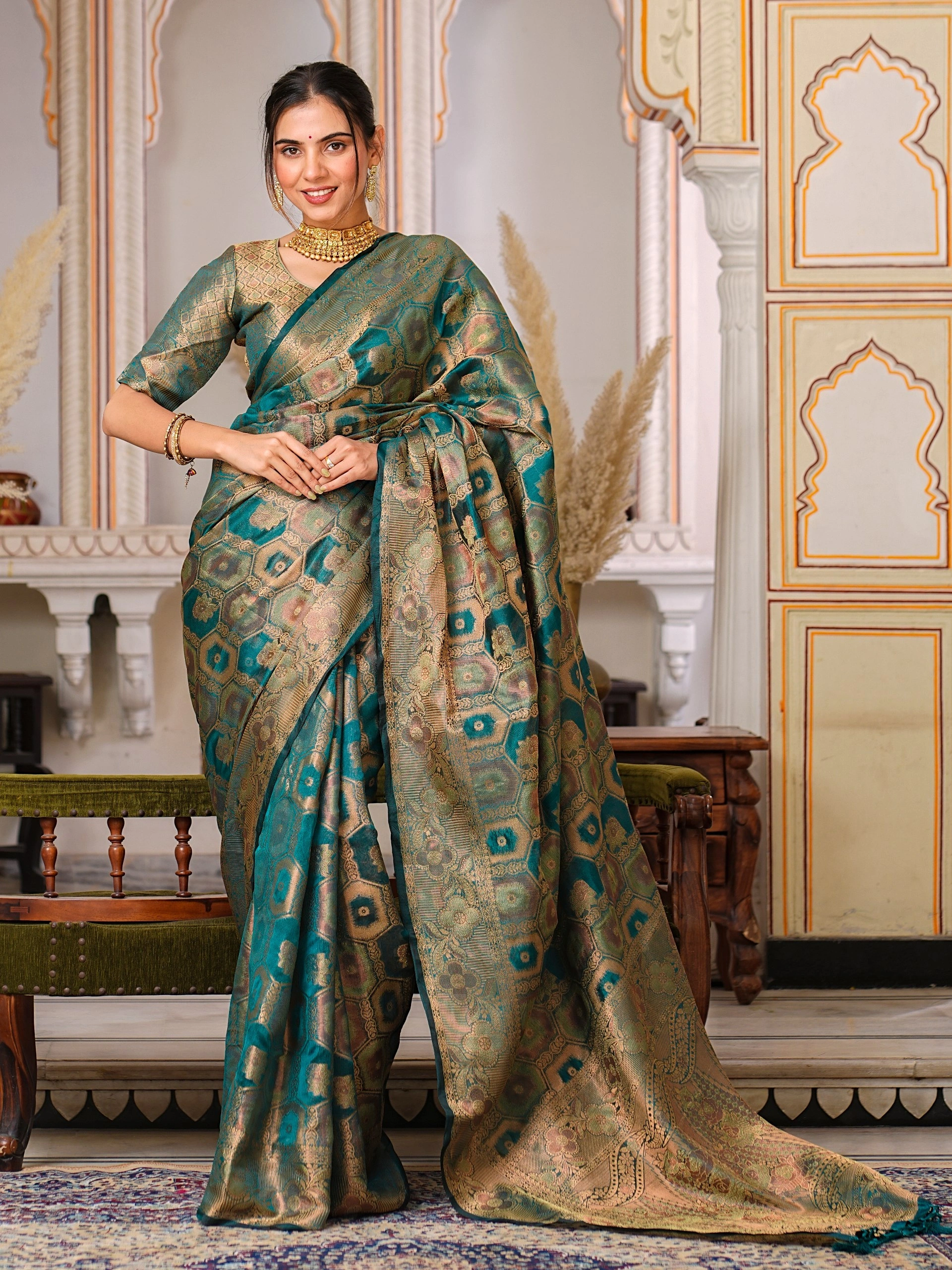 Regal Charm: Pure Organza Saree with Enchanting Tassels and Intricate Brocade-Rama-1