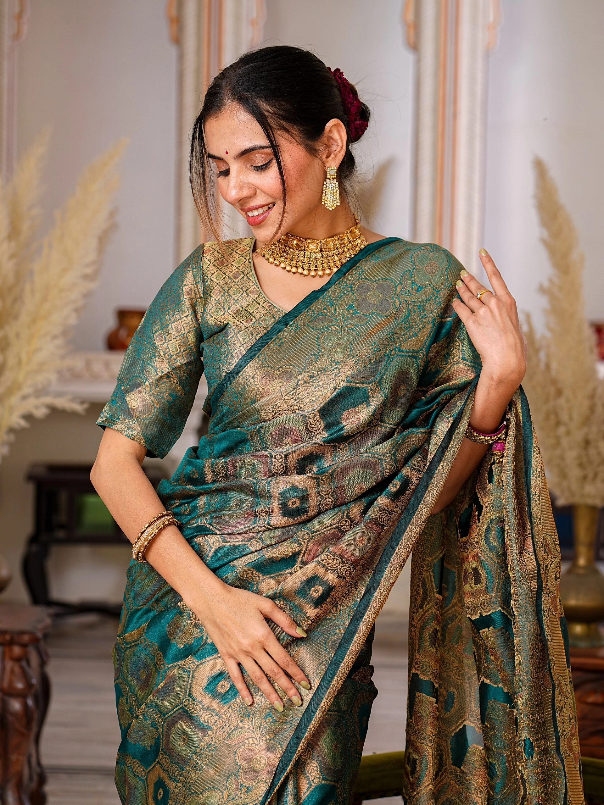 Regal Charm: Pure Organza Saree with Enchanting Tassels and Intricate Brocade-Rama-2