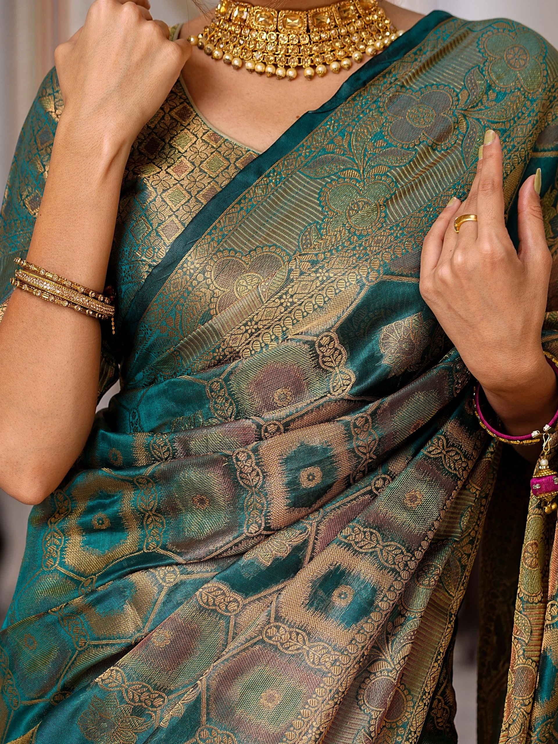 Regal Charm: Pure Organza Saree with Enchanting Tassels and Intricate Brocade-Rama-3