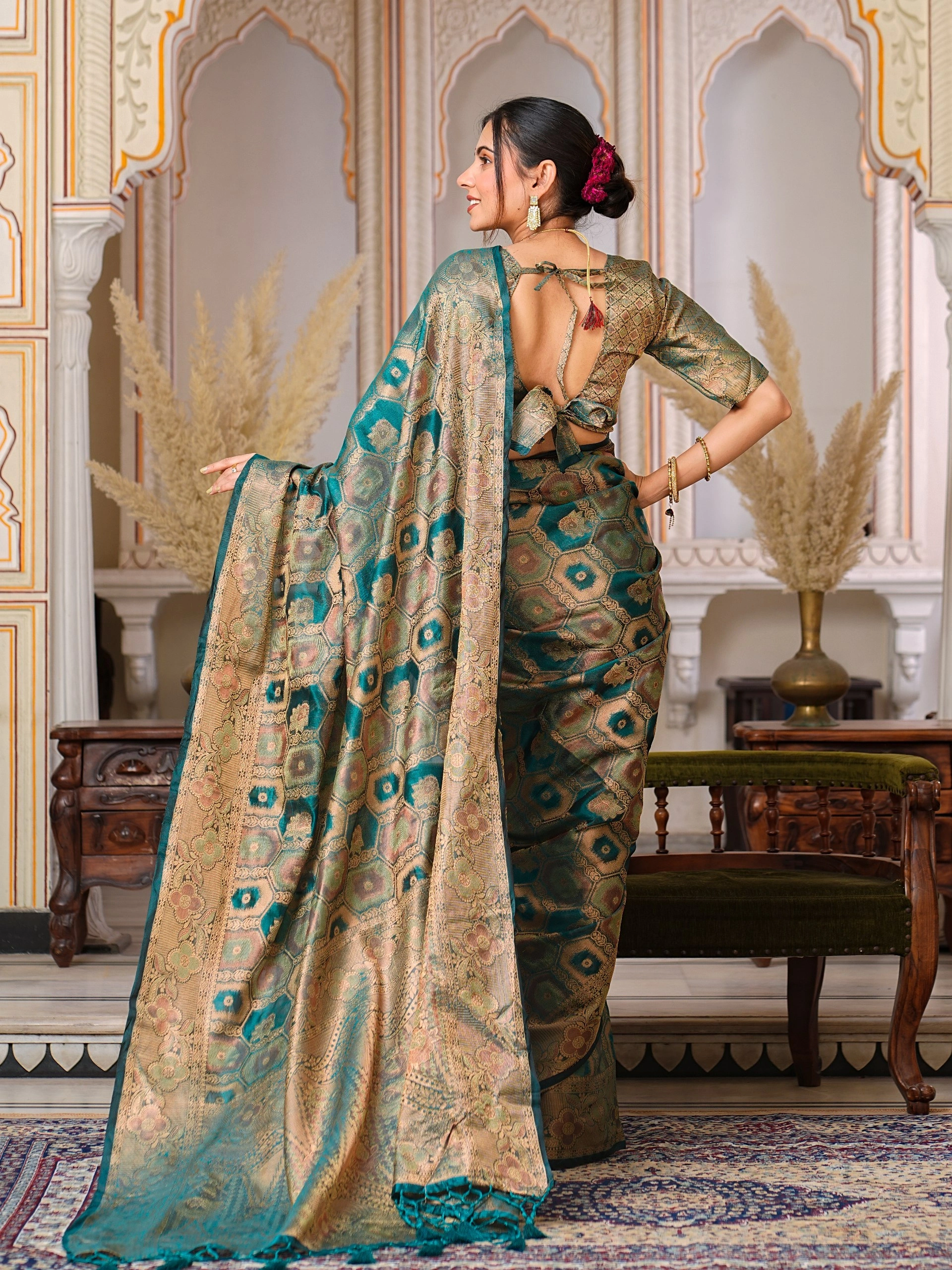 Regal Charm: Pure Organza Saree with Enchanting Tassels and Intricate Brocade-Rama-5