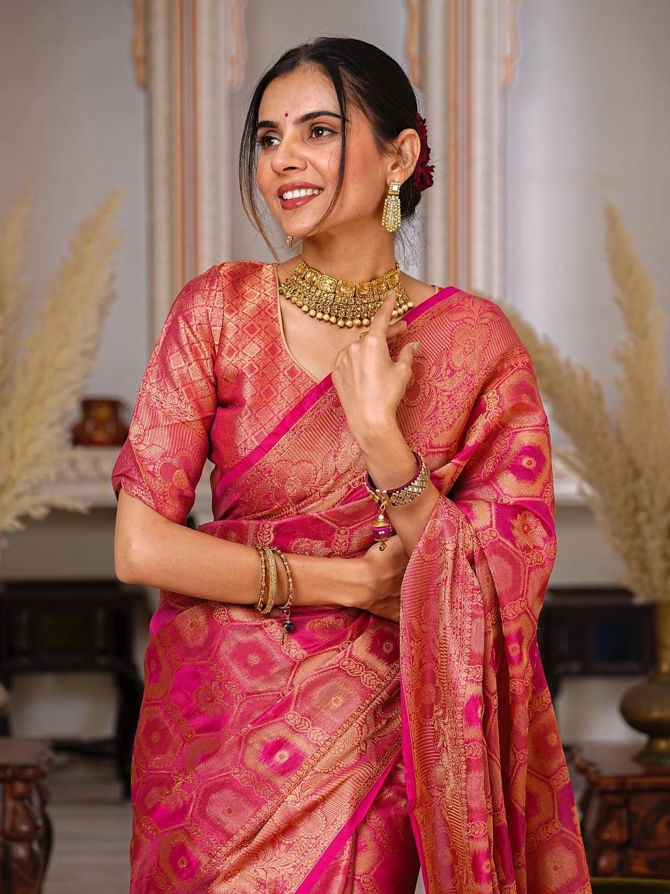 Regal Charm: Pure Organza Saree with Enchanting Tassels and Intricate Brocade-Pink-1