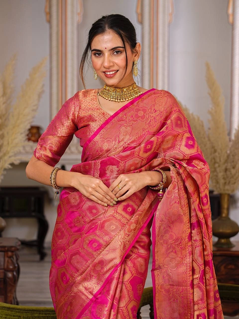 Regal Charm: Pure Organza Saree with Enchanting Tassels and Intricate Brocade-Pink-2