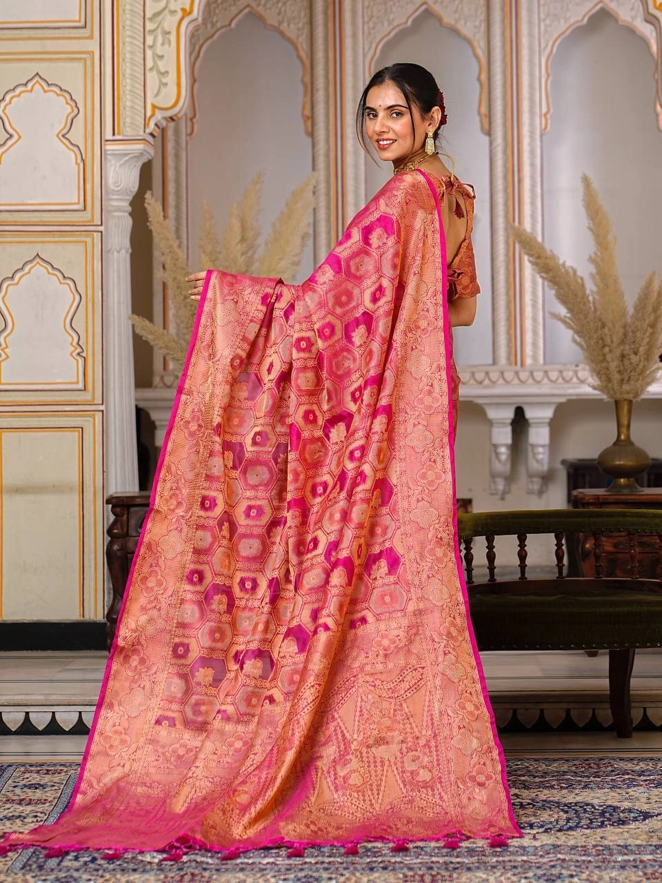 Regal Charm: Pure Organza Saree with Enchanting Tassels and Intricate Brocade-Pink-5