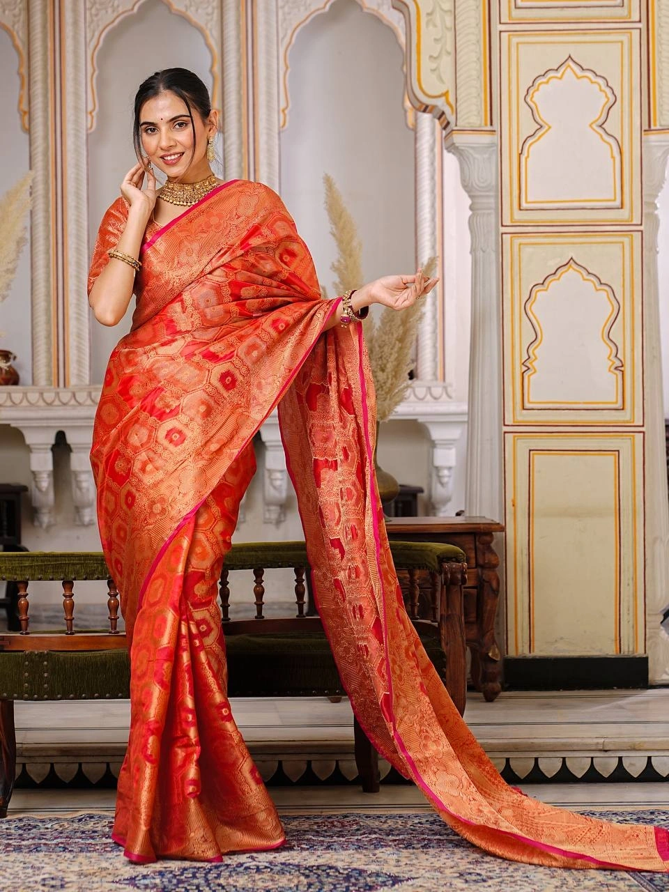 Regal Charm: Pure Organza Saree with Enchanting Tassels and Intricate Brocade-RAL-1003-Red