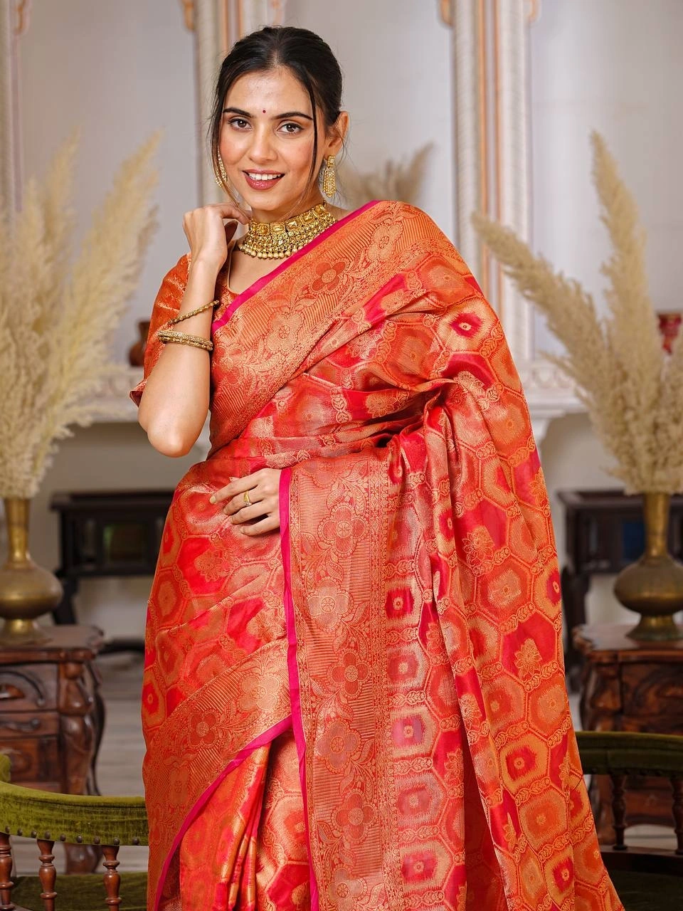 Regal Charm: Pure Organza Saree with Enchanting Tassels and Intricate Brocade-Red-1