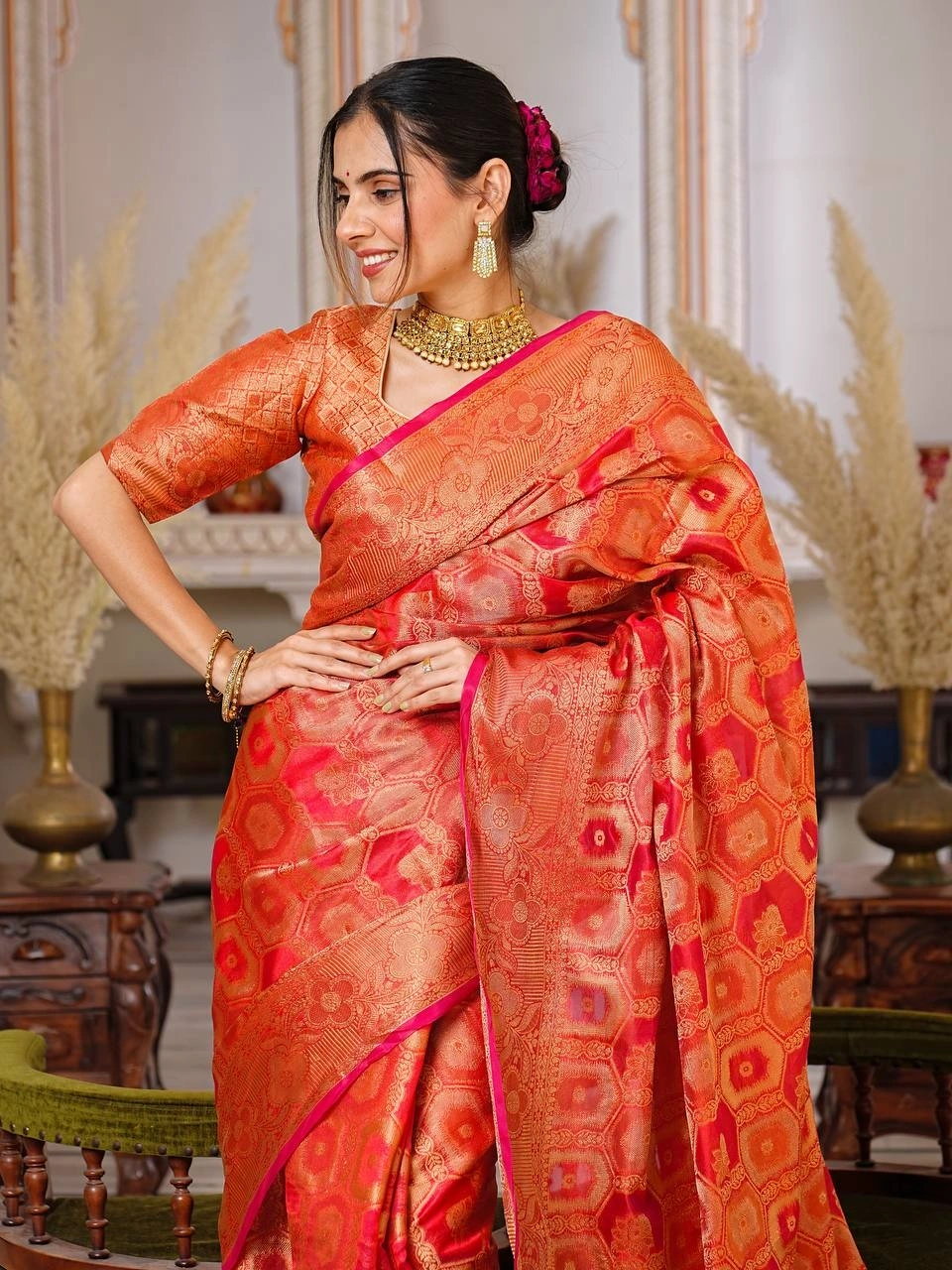 Regal Charm: Pure Organza Saree with Enchanting Tassels and Intricate Brocade-Red-3