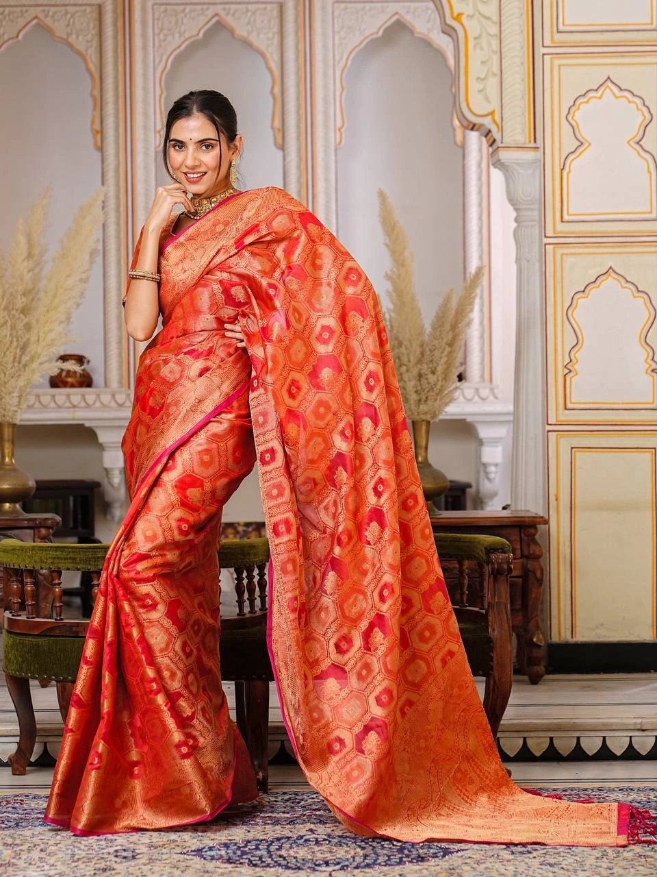 Regal Charm: Pure Organza Saree with Enchanting Tassels and Intricate Brocade-Red-4