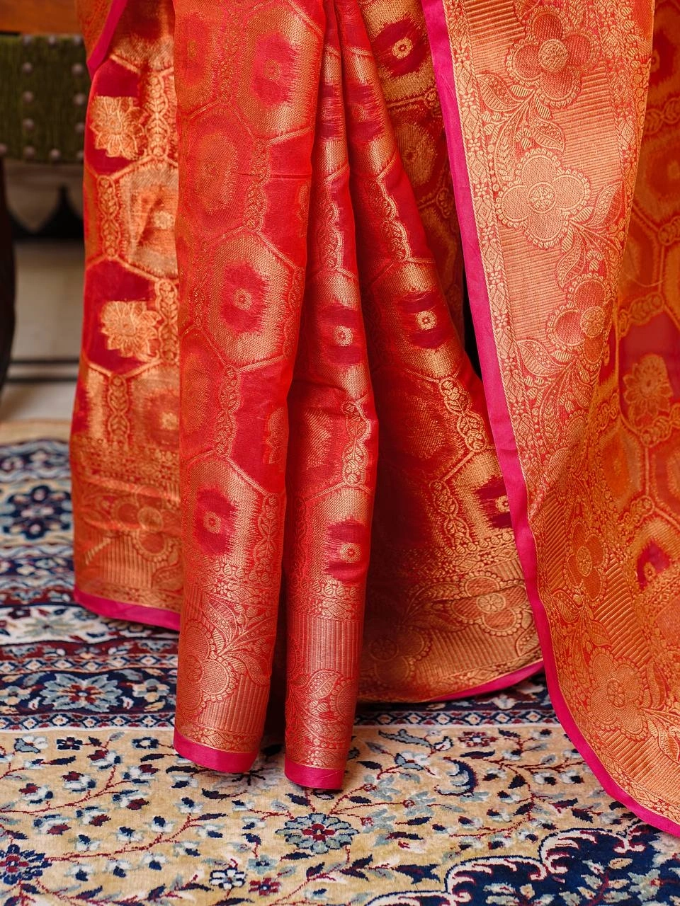 Regal Charm: Pure Organza Saree with Enchanting Tassels and Intricate Brocade-Red-5