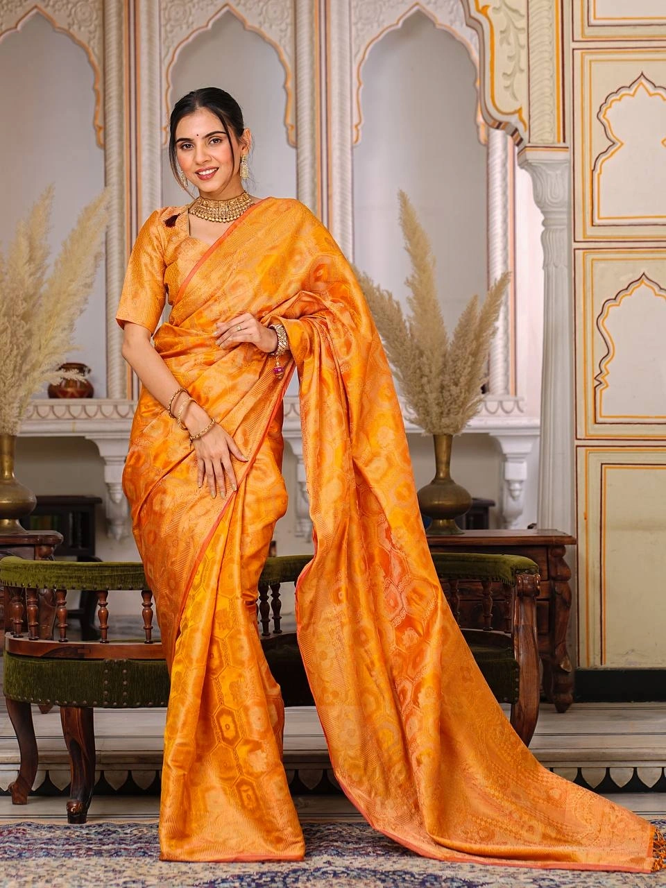 Regal Charm: Pure Organza Saree with Enchanting Tassels and Intricate Brocade-RAL-1003-Yellow