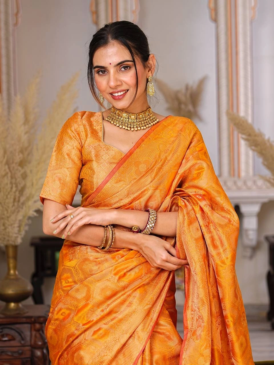 Regal Charm: Pure Organza Saree with Enchanting Tassels and Intricate Brocade-Yellow-1