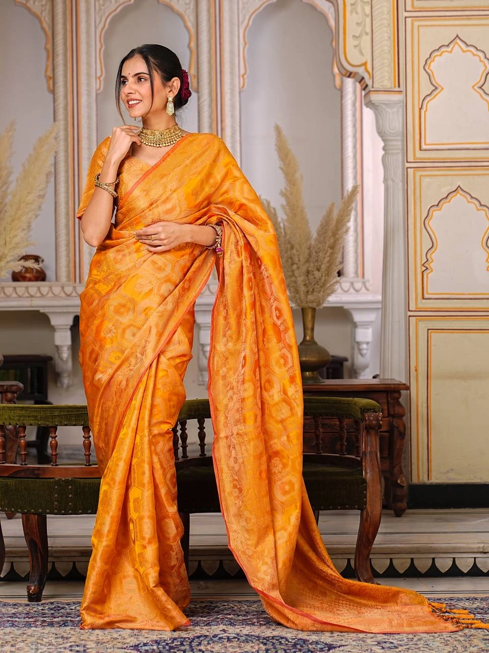 Regal Charm: Pure Organza Saree with Enchanting Tassels and Intricate Brocade-Yellow-2