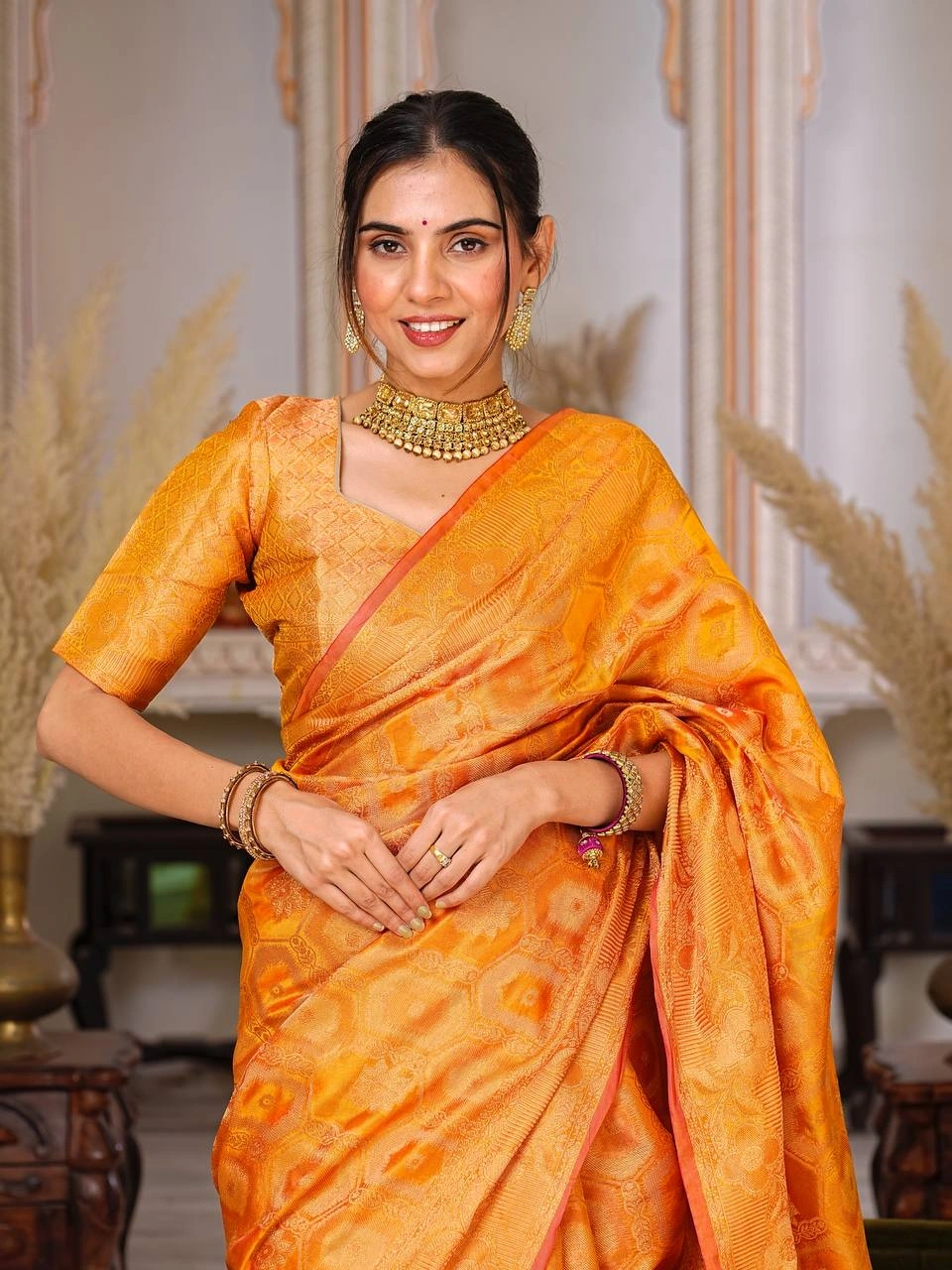 Regal Charm: Pure Organza Saree with Enchanting Tassels and Intricate Brocade-Yellow-3