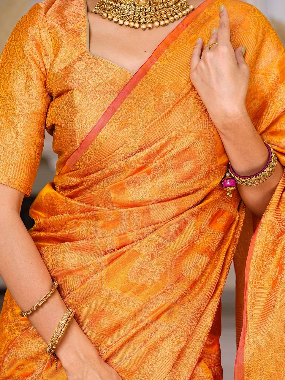 Regal Charm: Pure Organza Saree with Enchanting Tassels and Intricate Brocade-Yellow-4