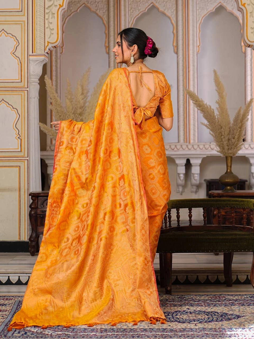 Regal Charm: Pure Organza Saree with Enchanting Tassels and Intricate Brocade-Yellow-5