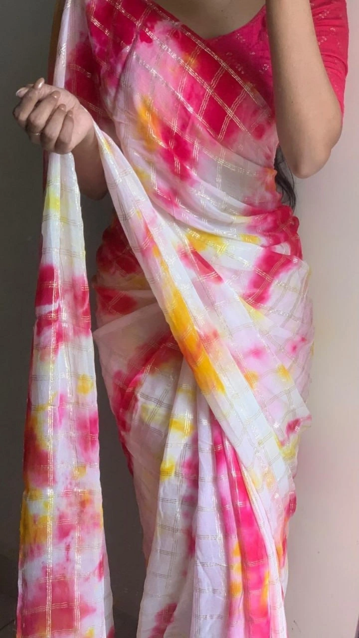 Hand-Dyed Shibori Saree with Silk Embroidered Blouse-White-2