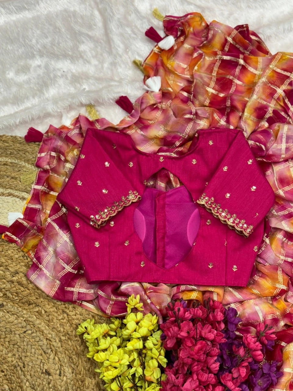 Hand-Dyed Shibori Saree with Silk Embroidered Blouse-Red-1