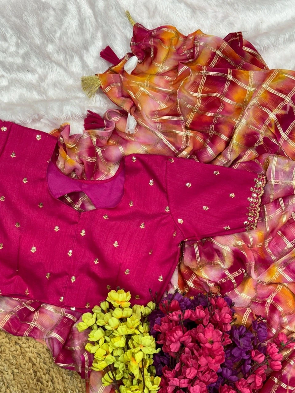 Hand-Dyed Shibori Saree with Silk Embroidered Blouse-Red-2