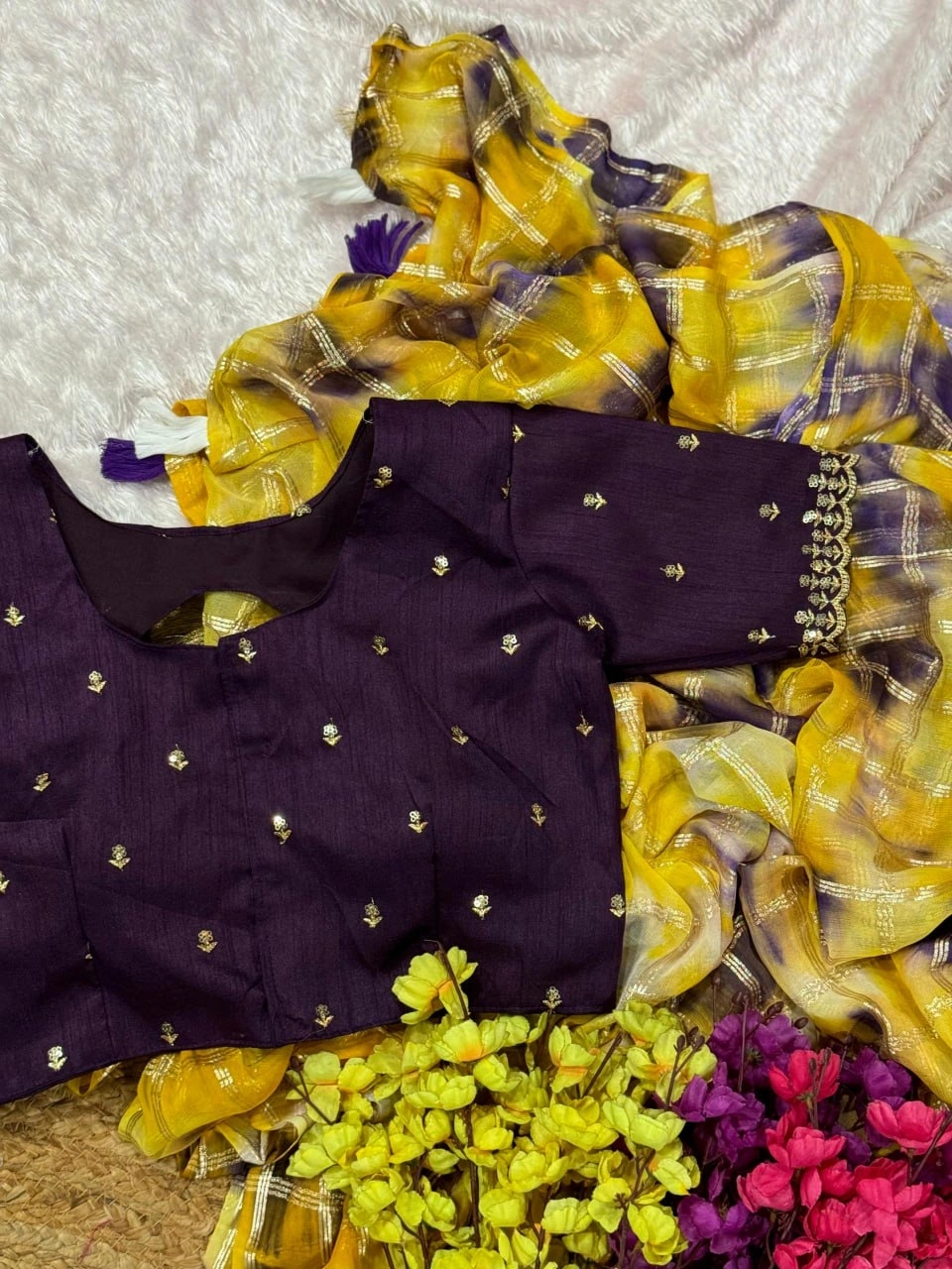 Hand-Dyed Shibori Saree with Silk Embroidered Blouse-Yellow-1