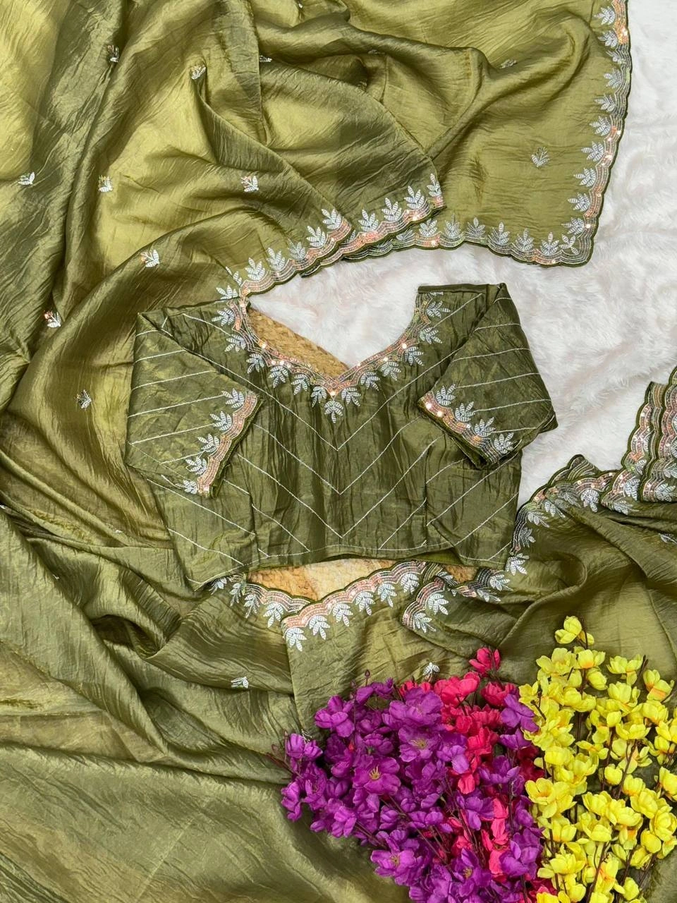 Gold Crush Jericho Saree: Exquisite Embroidered Fabric with Stunning Details-AEC-02-Green