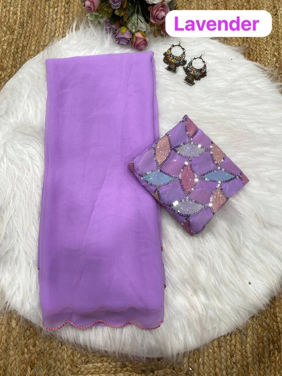 Sparkling Georgette Saree with Aari Border &amp; Sequin Blouse-Lavender-2