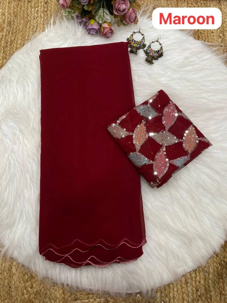 Sparkling Georgette Saree with Aari Border &amp; Sequin Blouse-RGF-03-Maroon