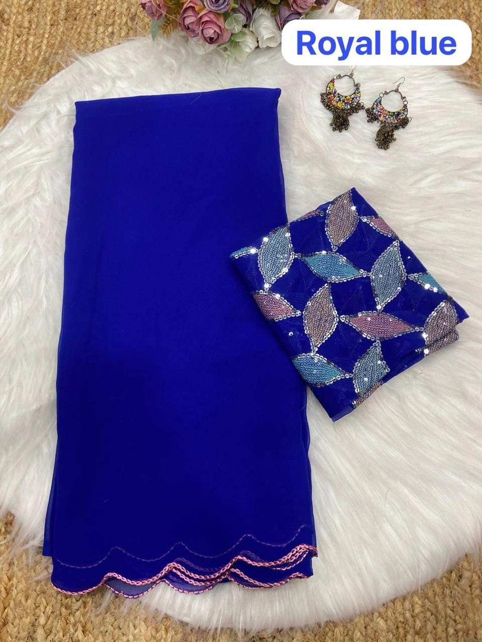 Sparkling Georgette Saree with Aari Border &amp; Sequin Blouse-Royal Blue-1