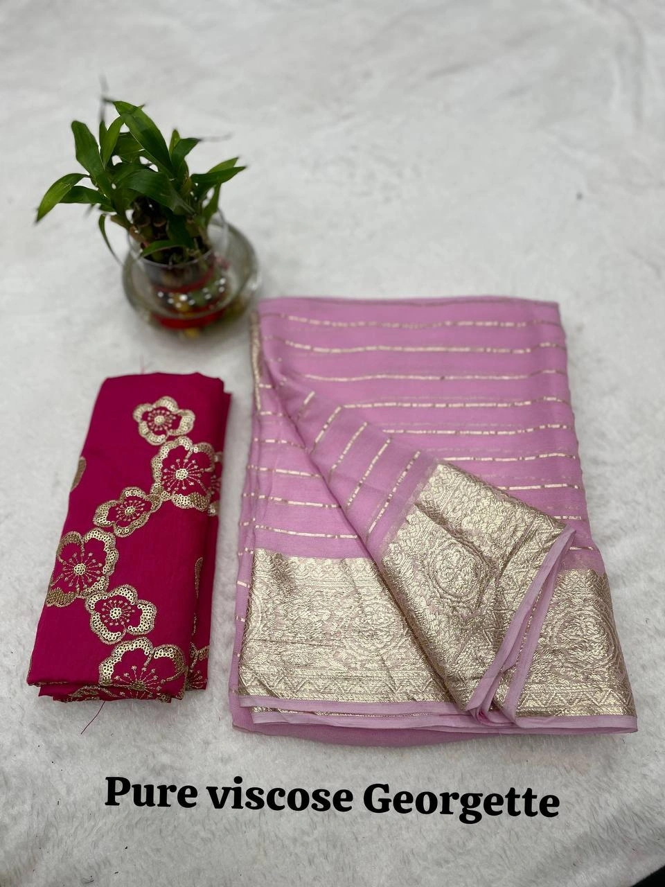 Pure Viscose Georgette Saree: Stunning Striped Border, Exquisite Heavy Work Blouse-RIE-11-Pink