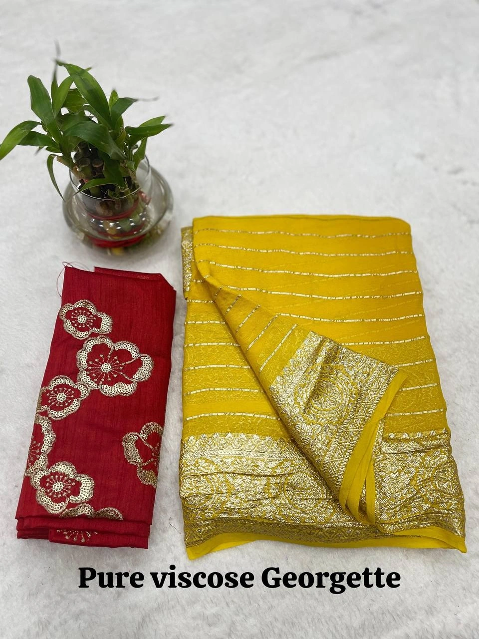 Pure Viscose Georgette Saree: Stunning Striped Border, Exquisite Heavy Work Blouse-RIE-11-Yellow