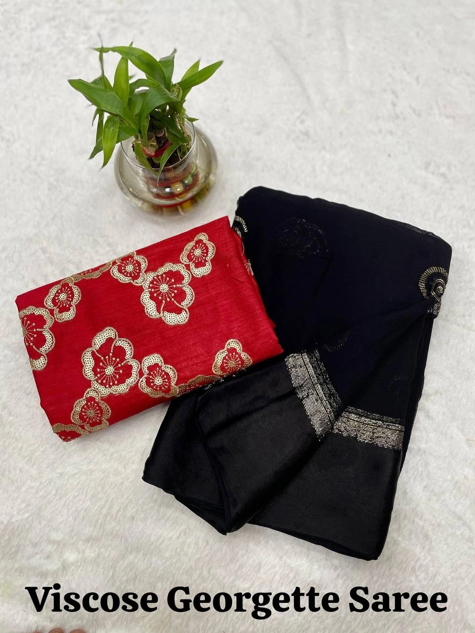 Sequined Viscose Georgette Saree with Contrast Blouse-RIE-12-Black