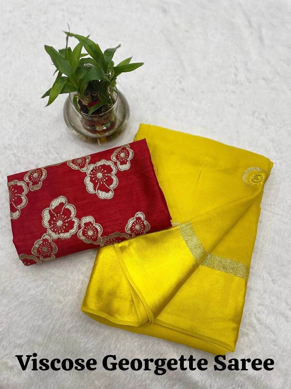 Sequined Viscose Georgette Saree with Contrast Blouse-RIE-12-Yellow