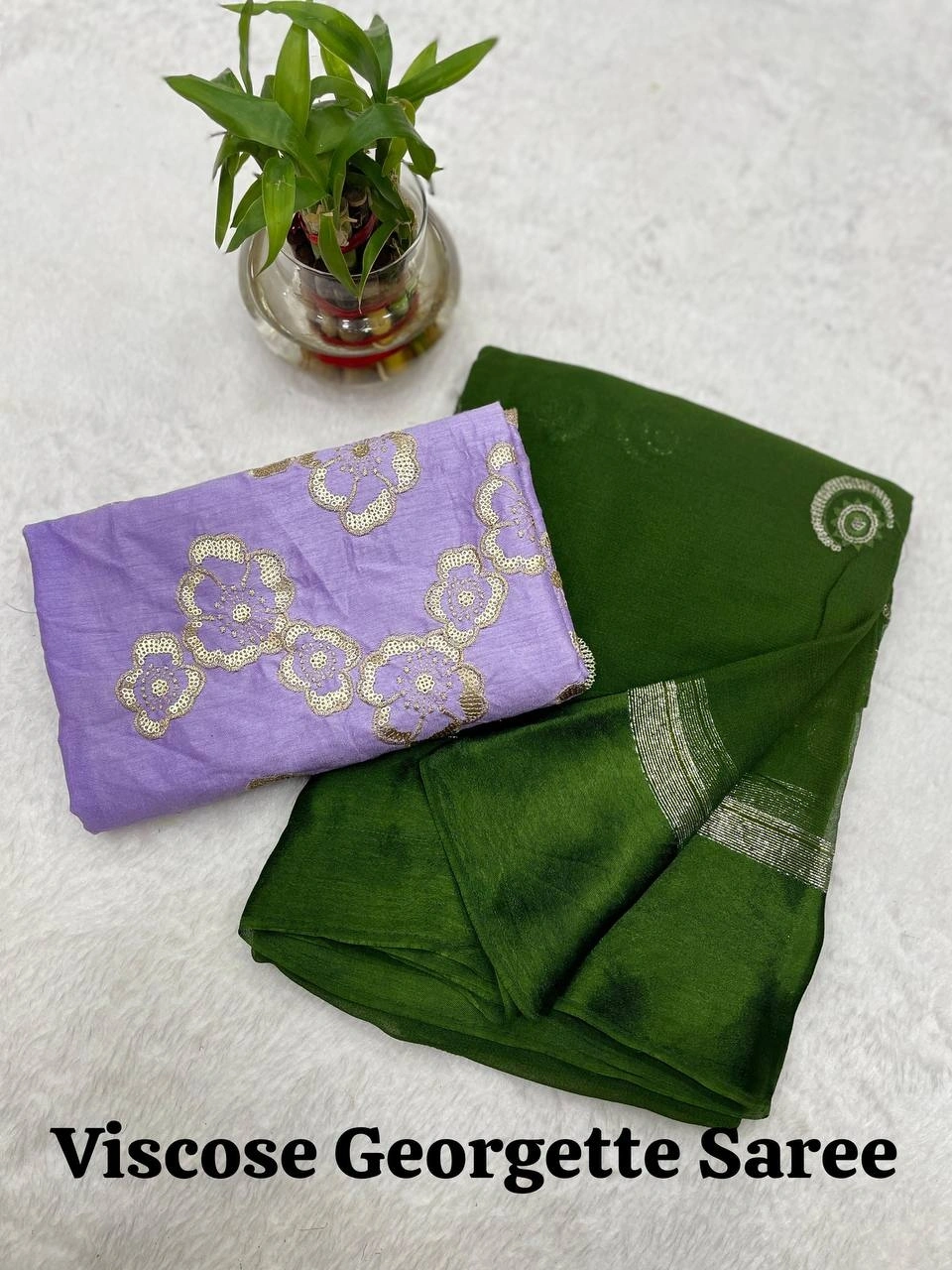 Sequined Viscose Georgette Saree with Contrast Blouse-RIE-12-Green