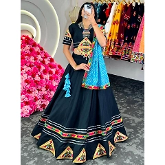 Cotton Lehenga with Mirror and Lace Work - 44 Size, 3.5m Flair, Chanderi Dupata - 2.20m