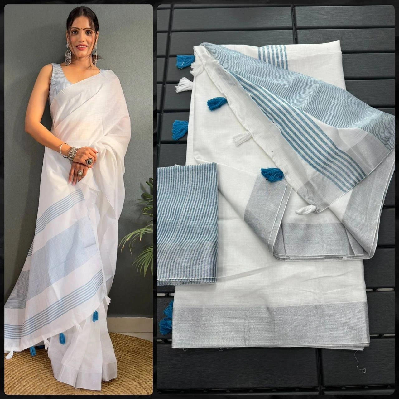 Handwoven Mercerised Cotton Saree: Stunning Manipuri Pattern with Silver Border-RVR-09-Blue