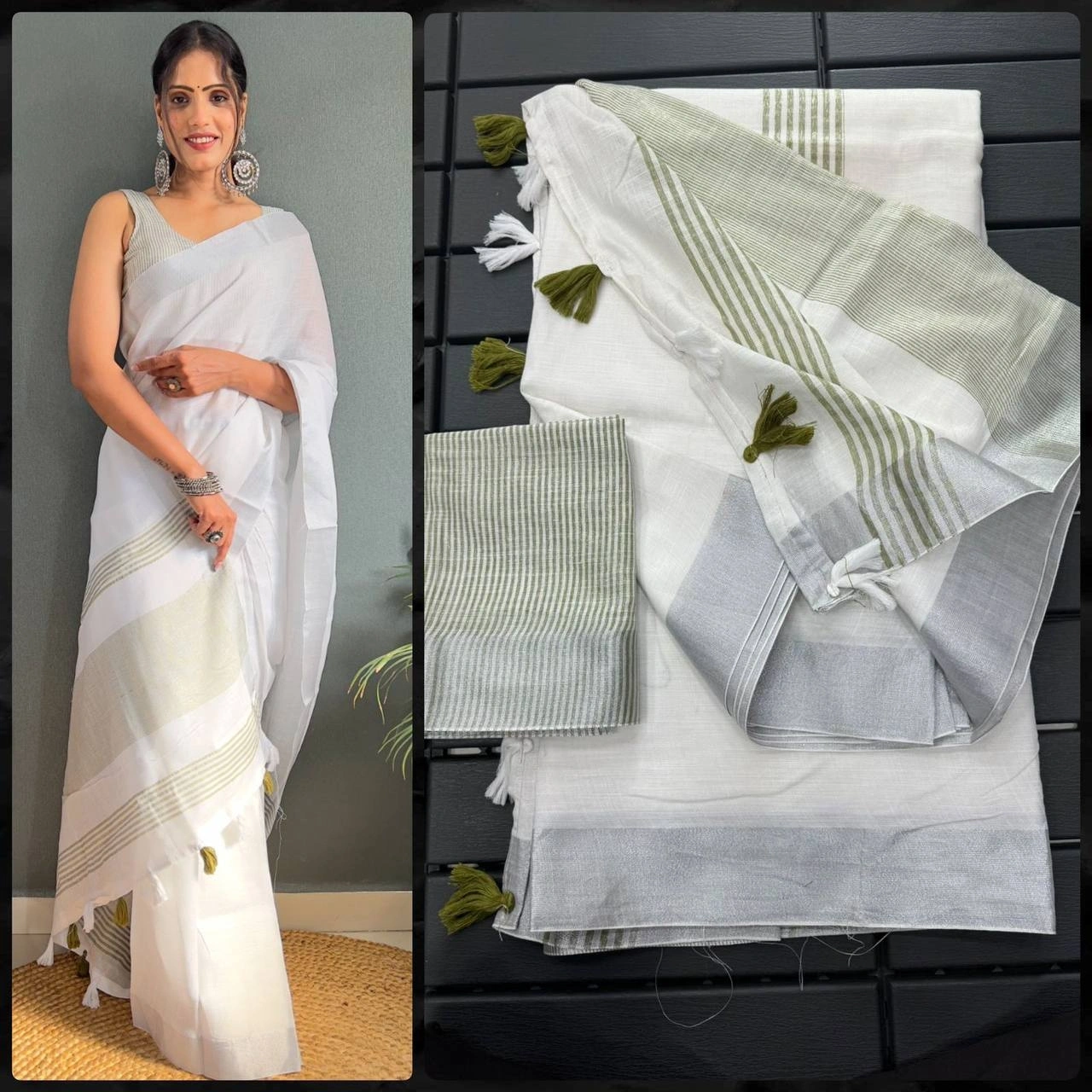 Handwoven Mercerised Cotton Saree: Stunning Manipuri Pattern with Silver Border-Green-1