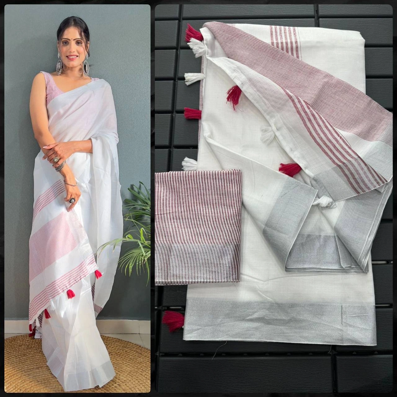 Handwoven Mercerised Cotton Saree: Stunning Manipuri Pattern with Silver Border-RVR-09-BabyPink